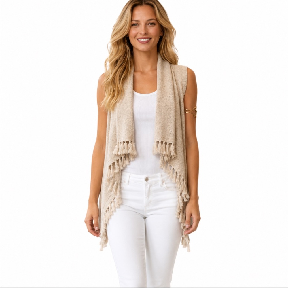 LILLY PULITZER Abbott Sweater Vest Cardigan with Tassels Tan Gold Sz: Medium